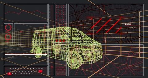 Neon Wireframe Van in Futuristic HUD Interface Featuring 3D Grid, Map, Data Overlays