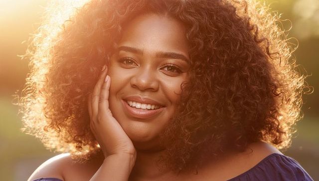 Smiling curly-haired woman basking in golden-hour glow wearing off-shoulder top