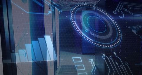Holographic network monitoring HUD above server racks with real-time data visualization overlay
