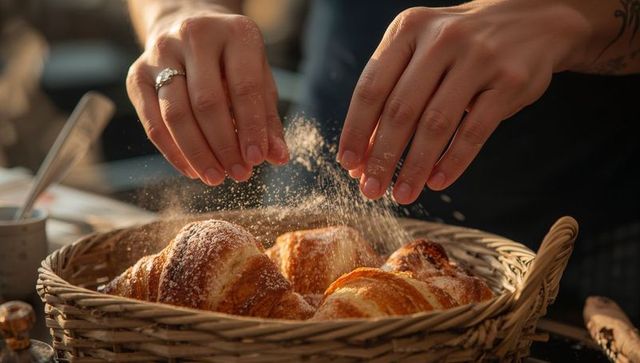 Hands sprinkling powdered sugar over fresh croissants in rustic woven basket, closeup