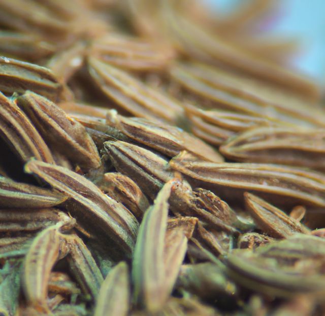 Macro shot focusing on the texture and detail of cumin seeds. Ideal for food blogs, recipes, cooking websites, and spice advertising material.