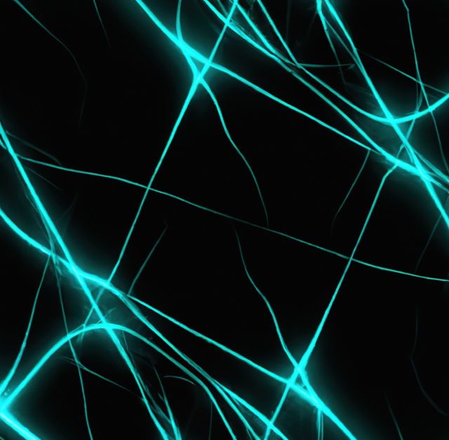 This digital image features glowing neon blue lines crisscrossing against a black background, creating an abstract, futuristic effect. Perfect for use in digital art projects, technology-related designs, wallpapers, and backgrounds requiring a modern, energetic look.