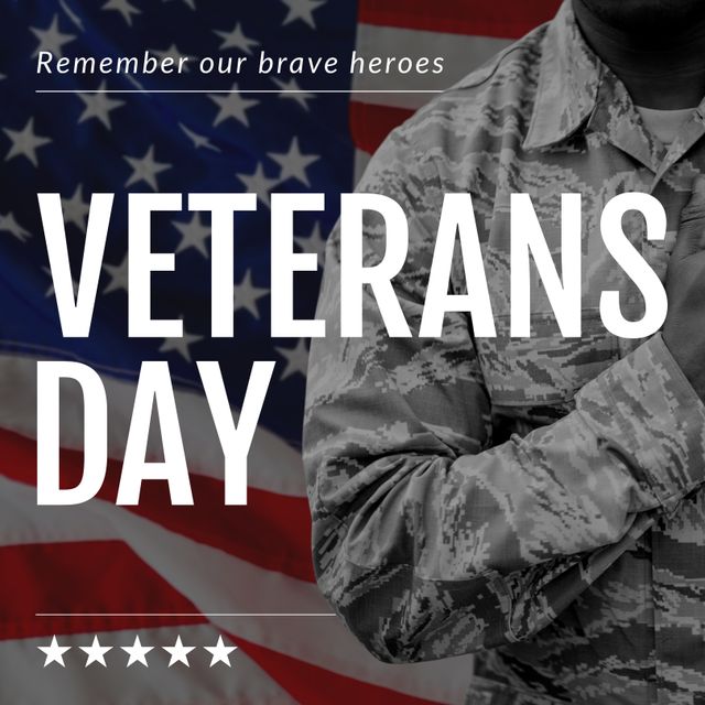 Ideal for Veterans Day promotions, social media posts paying tribute to military personnel, and websites dedicated to patriotic themes. Use this visual to honor and remember veterans and their sacrifices for their country. Suitable for advertisements and educational materials emphasizing the importance of Veterans Day.