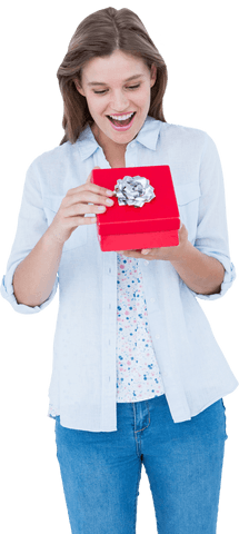 Happy smiling woman opening vibrant red gift box with transparent background