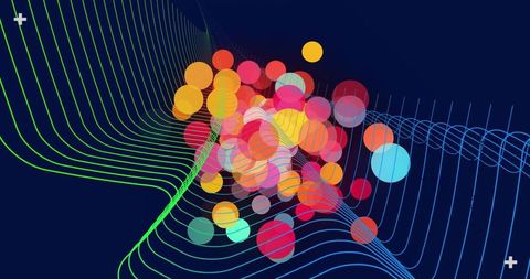 Neon Orb Cluster Flowing Through Wavy Grid Lines Conveying Digital Depth and Motion