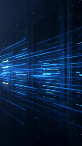 Vertical Tech Stream: Blue-Cyan Data Beams Racing Through Server Racks, Futuristic Network Flow