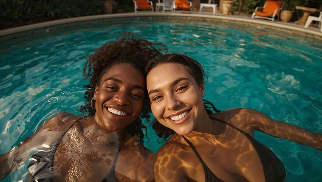 Two friends smiling in backyard pool wearing bikinis taking selfie while sunlight ripples