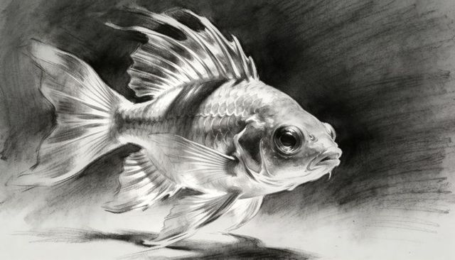 Charcoal goldfish gliding with flowing fins and dramatic monochrome shading study
