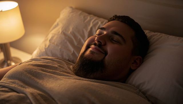 Bearded man relaxing in warm bedroom light, lying on pillow and smiling peacefully