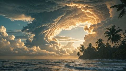 Majestic cumulonimbus clouds over bay of bengal tropical beach at sunset