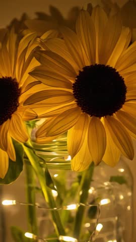 Vertical video panning sunflowers in jar with warm fairy lights, zooming to right bloom