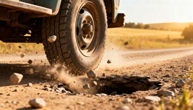 Truck tire hitting pothole on dirt road kicking gravel and dust, rural off-road wheel impact