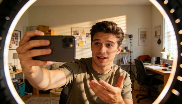 Young male vlogger recording smartphone video with ring light home office workspace