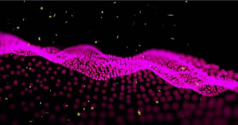 Flowing Magenta Particle Wave Sweeping Neon Bokeh Grid with Gold Star Flecks