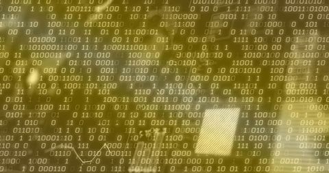 Abstract Binary Code Overlay on Office Desk Background