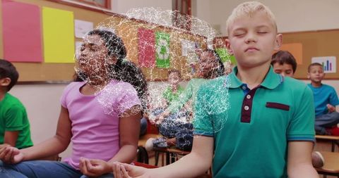 Children Meditating with Digital Brain Illustration in Classroom