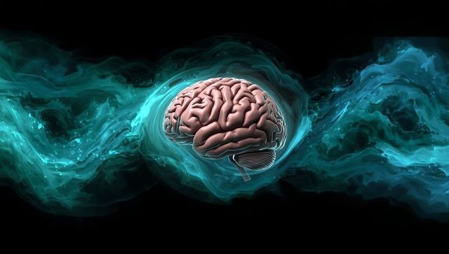Stylized Human Brain with Swirling Teal Waves in Digital Space