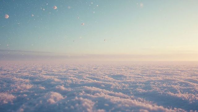 Pastel Sunrise Over Snowy Landscape with Floating Particles