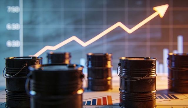 Small black oil barrels sitting on financial charts showing glowing upward commodity price trend