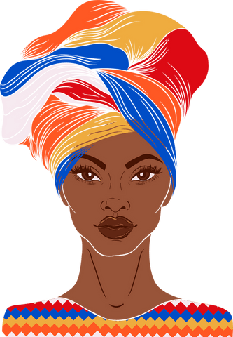 Stylish woman wearing colorful headwrap on transparent background