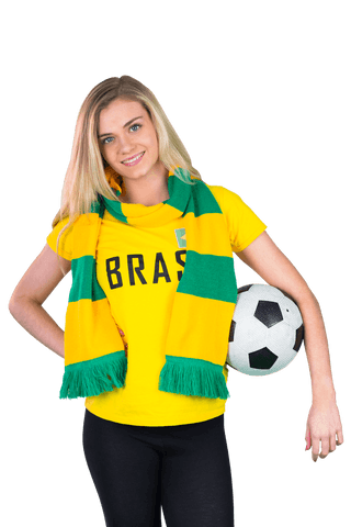 Smiling Blond Football Fan with Brazil Jersey on Transparent Background