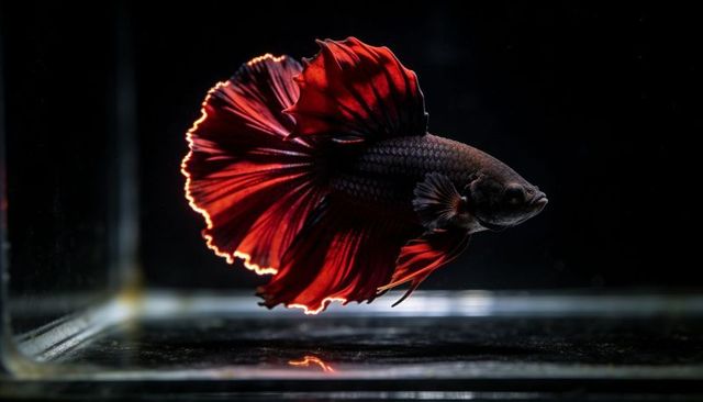 Midnight betta swimming with glowing red veil fins and metallic scales