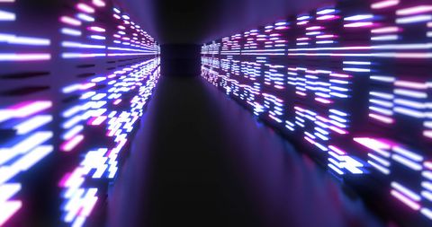 Glowing neon light lines in futuristic tunnel perspective