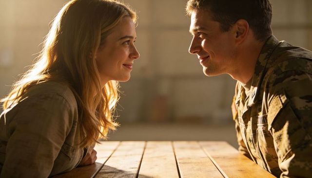 Military couple sharing intimate gaze across wooden table in sunlit hangar, warm backlit