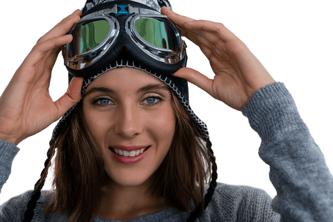 smiling woman with ski goggles adjusting headwear transparent background - Download Free Stock Videos Pikwizard.com