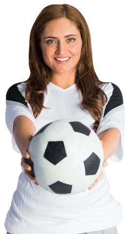 Smiling Woman Presenting Soccer Ball on Transparent Background