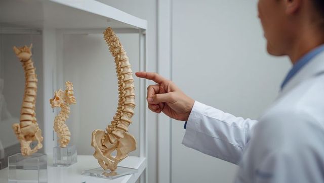Doctor pointing at lumbar spine model on clinic shelf for orthopedic clinical education
