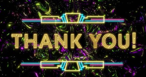 Neon thank you banner over kaleidoscopic background
