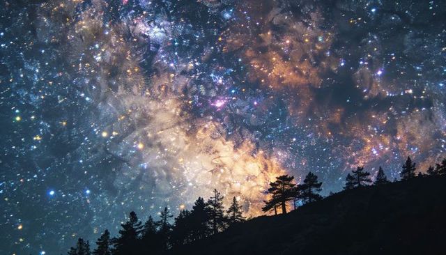Glowing milky way core over pine ridge silhouette, vivid starfield and nebula colors