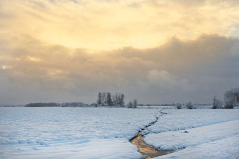 Serene Winter Landscape with Stream at Sunrise