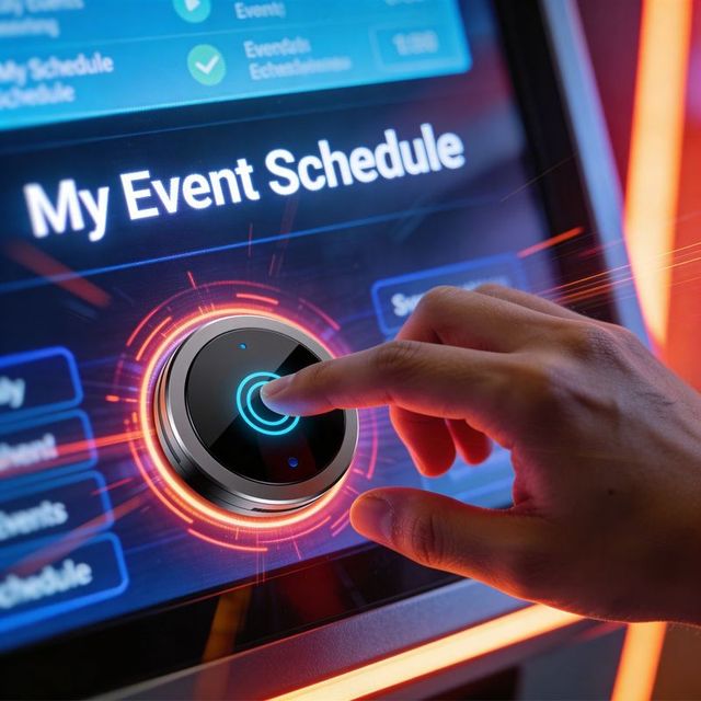 Selecting event from personal schedule on futuristic touch kiosk with illuminated dial