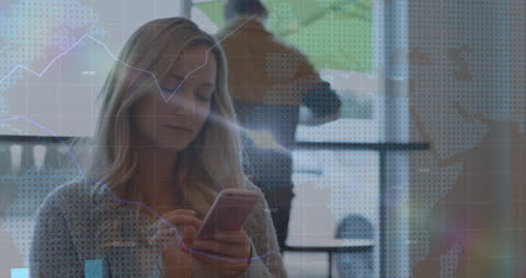 Caucasian Woman Engaging with Smartphone, Digital Economy Interface Overlay