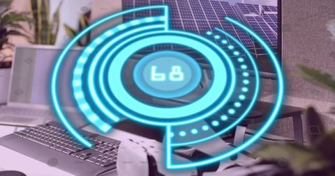 Futuristic digital interface over office workspace