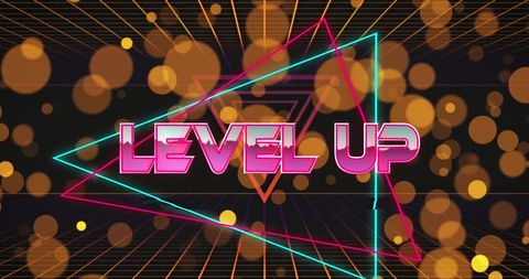 Retro Futuristic Level Up Concept with Neon Triangles and Lens Flare
