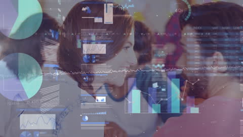 Digital Data Overlay on Team Meeting in Modern Office