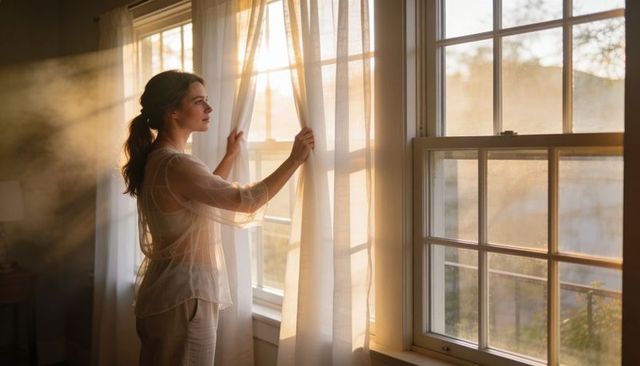 Woman pulling sheer curtain at sunlit window, morning light streaming, serene home moment