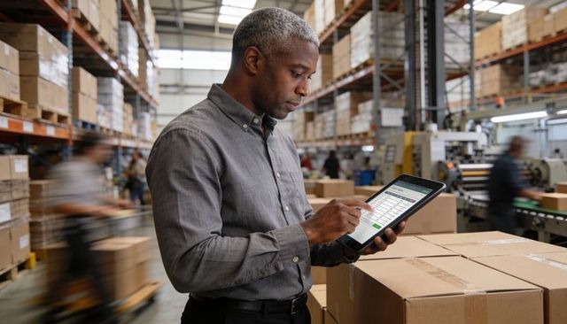 Warehouse manager using tablet for inventory control in fast-paced distribution center