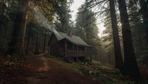 Solitary Wooden Cabin Sitting on Misty Evergreen Forest Trail Emitting Chimney Smoke