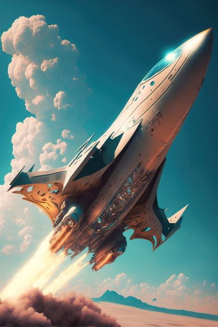 A futuristic spacecraft is launching into a cloudy sky with visible rocket flames and an advanced aerodynamic design. The vessel's sleek form and powerful engines suggest cutting-edge technology and interstellar travel potential. This image is perfect for illustrating concepts in aerospace innovation, science fiction stories, technology advancements, and space-themed projects.