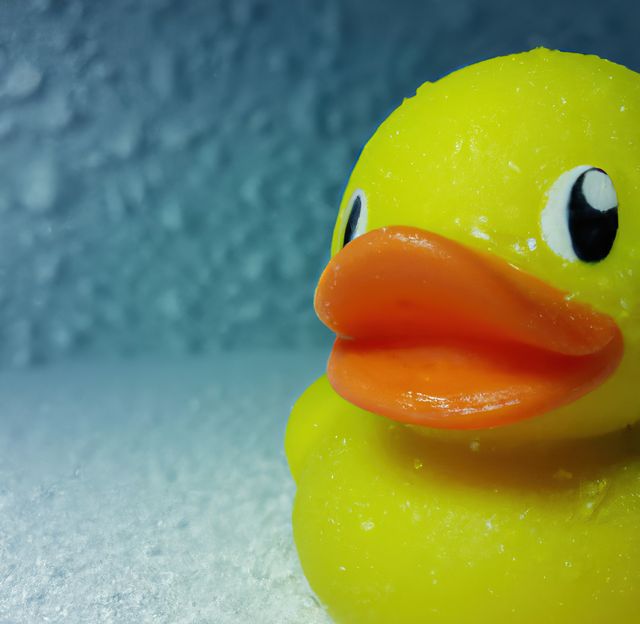 Close up of yellow rubber duck on blue background created using generative ai technology. Toy, material and animals concept, digitally generated image.