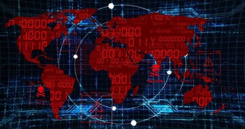 World Map Illustrating Cybersecurity Threats with Binary Overlay