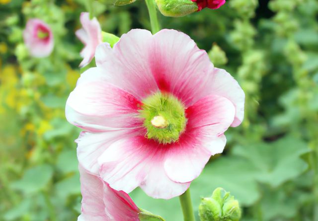 Close-up of a pink and white hollyhock flower in full bloom with petals spreading outwards. Ideal for use in nature-themed articles, gardening blogs, flower identification guides, and natural beauty websites.