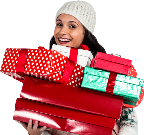Transparent Holiday Season Cheerful Woman Holding Gift Boxes