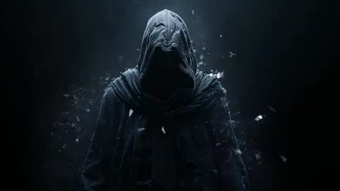 Enigmatic Cloaked Figure Summoning Shimmering Fragments in Dark Void