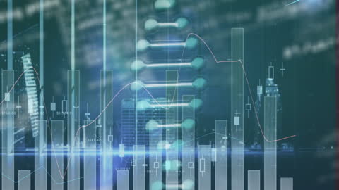 Futuristic DNA Helix and Data Graph Overlaying Digital City