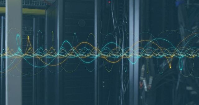Server Room with Digital Waveforms Overlay in Data Center